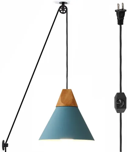 Vista 9 de Kiven Lámpara colgante de polea enchufable, luz colgante ajustable con cable de interruptor de atenuación de 15 pies, pantalla de aluminio macarón