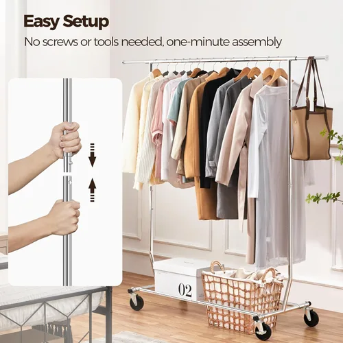 Vista 7 de Yaheetech Percheros de ropa comercial con ruedas, barra individual de grado ajustable, altura ajustable, perchero con ruedas para colgar ropa