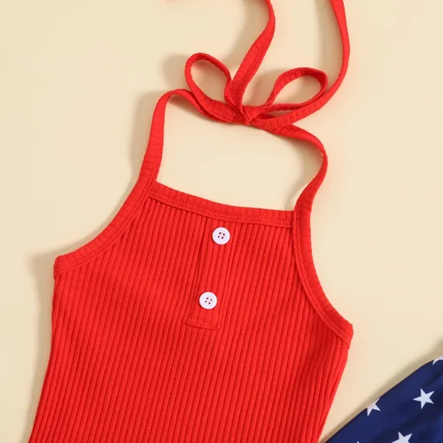 Vista 4 de Noubeau Traje de 4 de julio para niña pequeña, camiseta de manga corta, pantalones de campana con bandera americana, ropa de verano