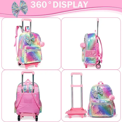 Vista 4 de 16inch Rolling Backpack for Girls Backpacks with Wheels Kids Wheeled School Bag Sequin Suitcase Trolley Trip Luggage for Elementary Kindergarten