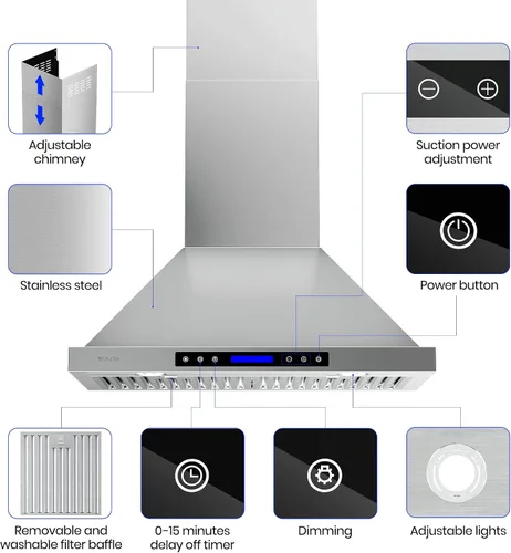 Vista 5 de EKON Campana extractora de pared de 30 pulgadas, campana de ventilación de cocina de acero inoxidable de 900 CFM, convertible con conductos/sin