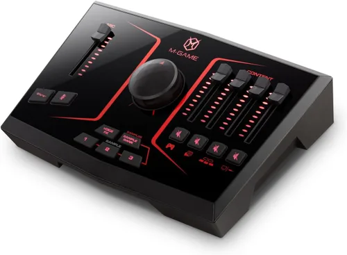 Vista 3 de M-GAME Mezclador de interfaz de audio USB Solo para transmisión y juegos con micrófono XLR, entrada óptica, Voice FX, muestreador, luces y software