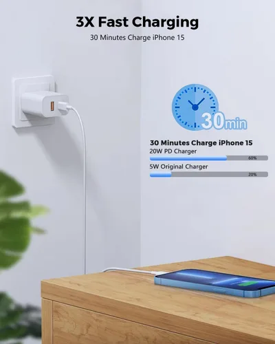 Vista 4 de Paquete de 3 cargadores de pared USB C de Apple, adaptador de corriente de 20W iPhone 17/16 de doble puerto QC + PD 3.0, bloque de carga rápida
