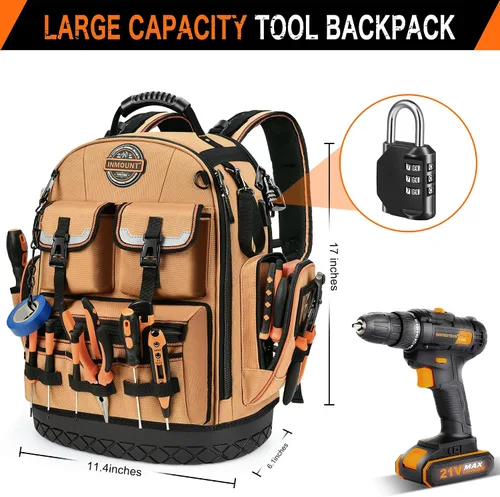 Vista 2 de Mochila para herramientas, mochila de herramientas resistente, bolsa de herramientas HVAC para electricista/trabajos de construcción con base Marrón