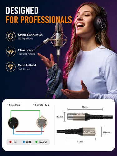 Vista 3 de VIOY Cable de micrófono XLR de 6.6 pies, cable de micrófono macho a hembra, cable equilibrado de 3 pines - cable de extensión XLR trenzado de nailon
