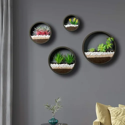 Vista 2 de Paquete de 4 macetas redondas de pared colgantes de metal, soportes circulares para plantas, jarrón de hierro circular contemporáneo para suculentas