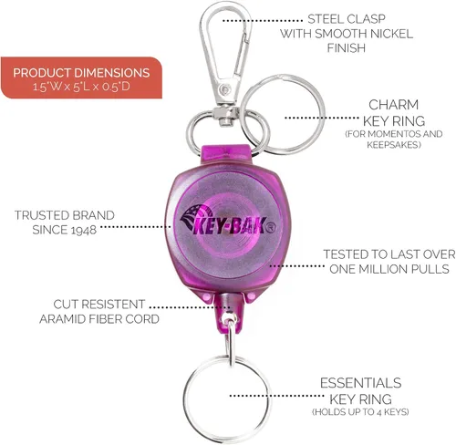 Vista 2 de Llavero retráctil SnapBack con cable resistente a cortes de 24 pulgadas, anillo de encanto y clip fácil de usar
