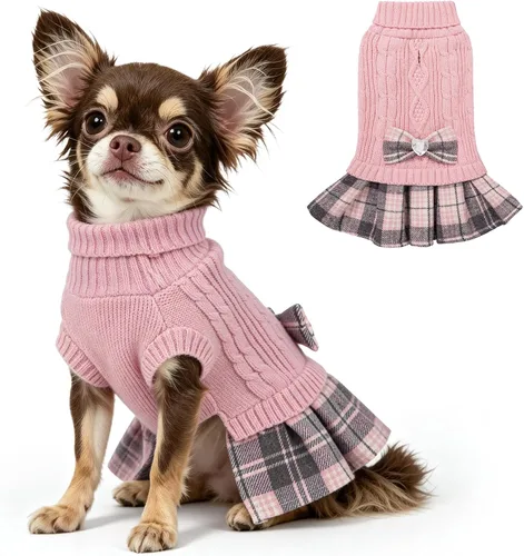 Vista 16 de YUDODO Small Dog Sweater Dress with Bowtie Turtleneck - Knitted Pet Clothes Dusty Pink