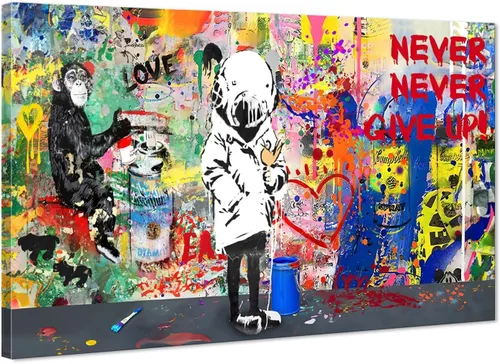 Vista 27 de Arte de pared de graffiti colorido póster impreso en lienzo creativo y moderno, pintura de graffiti de niña nunca te rindas, imágenes inspiradoras