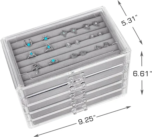 Vista 2 de UYBeauty Joyero acrílico con 5 cajones, organizador de joyas de terciopelo, estuche de almacenamiento de joyas para collar de aretes, organizador