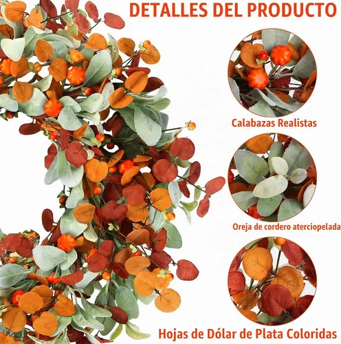 Vista 7 de Sggvecsy Corona de otoño de 21 pulgadas, corona artificial de otoño para puerta delantera con calabazas pequeñas, hojas de eucalipto de seda, orejas