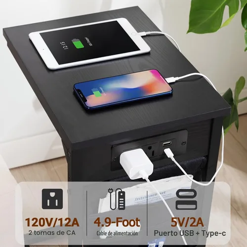 Vista 5 de AMHANCIBLE - Mesa auxiliar en forma de C con estación de carga, juego de bandeja para TV de 2 piezas, mesas de sofá con bolsa de almacenamiento