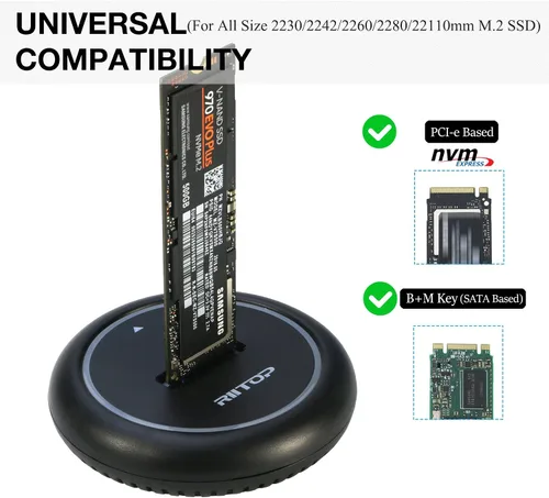 Vista 2 de Estación de acoplamiento NVMe a USB, carcasa SSD RIITOP M.2 para SSD NVMe y (B+M Key SATA)