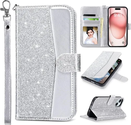 Vista 27 de ULAK Funda tipo billetera compatible con iPhone 15 para mujeres, funda tipo cartera con estampado floral de piel PU premium con porta tarjetas