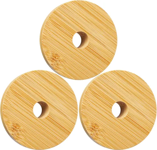 Vista 7 de Tapas de bambú para vasos de vidrio, tapas de madera para latas de cerveza de 16 oz con agujero para pajilla, cubierta de repuesto para tarros Mason