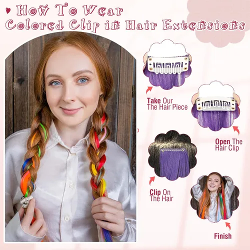 Vista 5 de Extensiones de cabello de colores, 12 piezas de 20 pulgadas, extensiones de cabello con clip de color azul T, arco iris, para fiesta, largo
