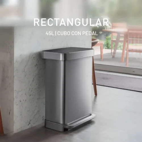 Vista 2 de Simplehuman - Cubo de basura rectangular para cocina de 45 litros / 12 galones, a pedal, con tapa de cierre suave, de acero inoxidable pulido