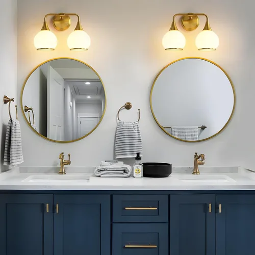 Vista 5 de Accesorios de iluminación de baño en oro cepillado, luces de tocador de 2 luces con pantalla de vidrio esmerilado blanco lechoso, lámpara de tocador