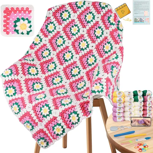 Vista 9 de Kit de Ganchillo Coopay para Principiantes para Manta, Kit de Ganchillo de Cuadrados de Abuela con Instrucciones y Suficiente Hilo, Juego Completo