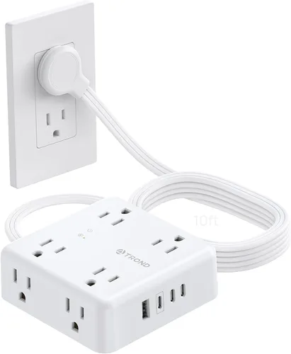 Vista 11 de TROND Regleta protectora de sobretensiones, cable de extensión de enchufe plano de 5 pies con 8 tomas de corriente y 4 puertos USB (3 USB C), 1625