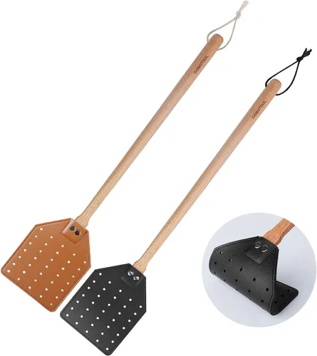 Vista 9 de DEBETOOL Juego de matamoscas – Paquete de 2 matamoscas de cuero de madera con cuerda para colgar, matamoscas resistente para interiores y exteriores