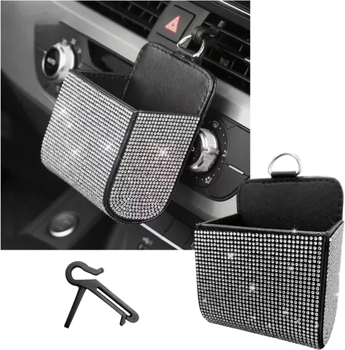Vista 9 de Dickno Organizador de Coche, Bolsillo de Cuero con Diamantes de Imitación para Rejilla de Ventilación, Caja Automotriz Brillante con Gancho, Soporte