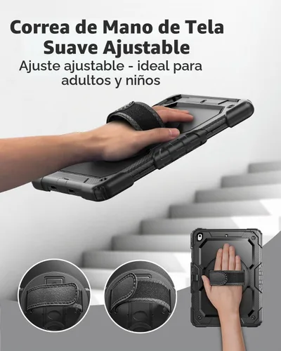 Vista 3 de Ambison - Funda protectora para iPad de 9ª/8ª/7ª generación de 10,2 pulgadas, color negro Hand Strap, 9H Tempered Glass Screen Protector, Rotating