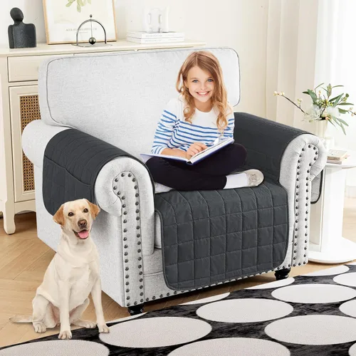 Vista 2 de MAXIJIN Funda de silla impermeable lavable para perros, funda de asiento acolchada para sillón con bolsillos laterales, protector de muebles Negro