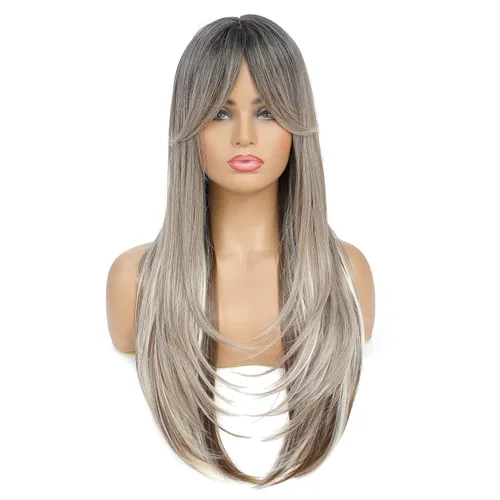 Vista 16 de SWACC Peluca de pelo sintético con flequillo largo en capas para mujeres con gorra de peluca (negro)