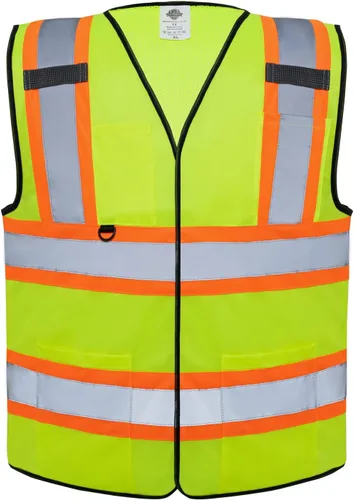 Vista 8 de Dazonity Chaleco de seguridad con múltiples bolsillos, 2 piezas, reflectante y de alta visibilidad para el trabajo, construcción, estacionamiento