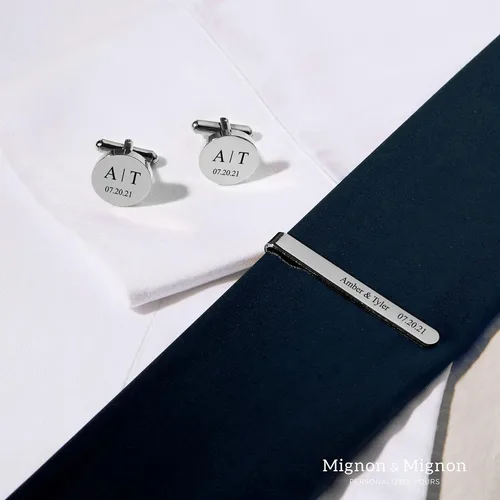 Vista 3 de Regalo del Día del Padre, juego de gemelos y clip de corbata grabados personalizados para hombres, regalos del día de boda, para él, novio, padrino