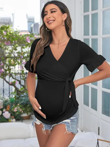 Vista 5 de SOLY HUX Women's Maternity Summer T Shirt Casual Ruffle Wrap V Neck Tie Front Pregnancy Tee Top