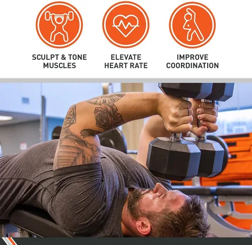 Vista 2 de Body Sport Mancuerna hexagonal con revestimiento de goma, individual – Mancuernas para ejercicios – Equipo de entrenamiento de fuerza – Accesorios