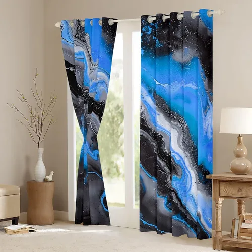Vista 3 de Feelyou Cortinas abstractas para dormitorio, sala de estar, cortinas opacas de oscurecimiento negro y azul, con estampado de mármol, 2 paneles de 38