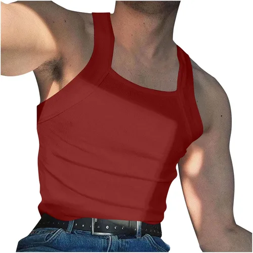 Vista 9 de Generic Camiseta sin mangas acanalada para hombre, corte cuadrado, camiseta sin mangas ajustada, ropa interior de verano, a la moda