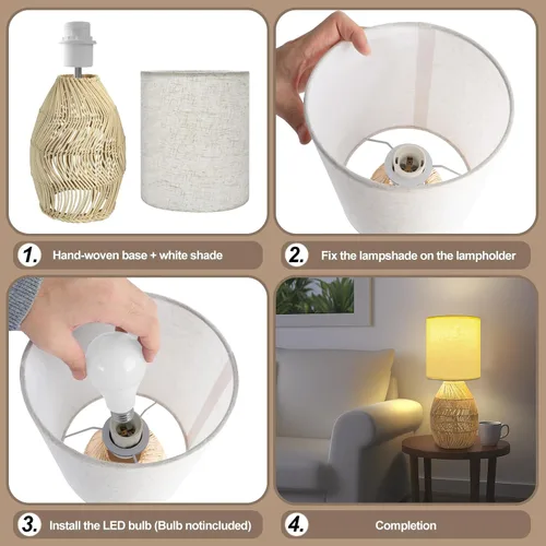 Vista 5 de Lámpara de mesita de noche estilo Boho de ratán - Lámpara tejida de bambú hecha a mano con 3 temperaturas de color para mesita de noche y sala