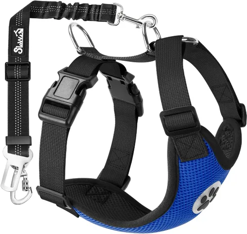 Vista 17 de SlowTon Arnés de Cinturón de Seguridad para Perro para Coche, Arnés de Coche para Perros Ajustable de Malla Transpirable y Arnés de Cinturón