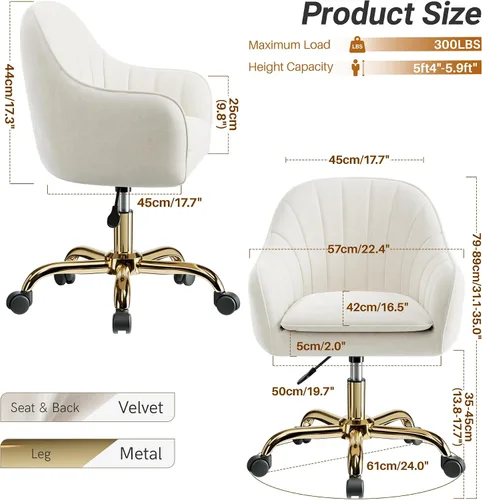 Vista 2 de Silla de oficina de tocador, silla de escritorio giratoria con ruedas, silla de maquillaje tapizada para dormitorio, sala de estar, silla moderna