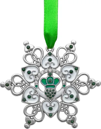 Vista 7 de Adorno de Navidad irlandés – Claddagh – Copo de nieve irlandés – Filigrana de metal y joyas – Bolsa de almacenamiento de regalo incluida mide 3 x 3