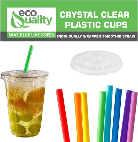 Vista 5 de Vasos desechables de plástico transparente con tapas y popotes para batidos, 500 unidades, 20 onzas (onzas) taza de PET transparente para batidos