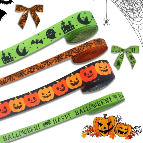 Vista 5 de 4 rollos de cintas de grogrén de 20 yardas, estampado de calabaza de Halloween, tela de araña satinada, rayas negras y naranjas, cintas de envoltura