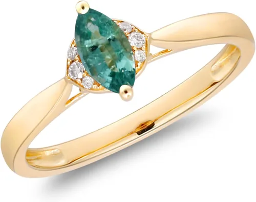 Vista 3 de Gin & Grace Anillo de oro amarillo de 14 quilates con esmeralda natural de Zambia con diamantes naturales para mujer. Joyería hecha a mano de pera