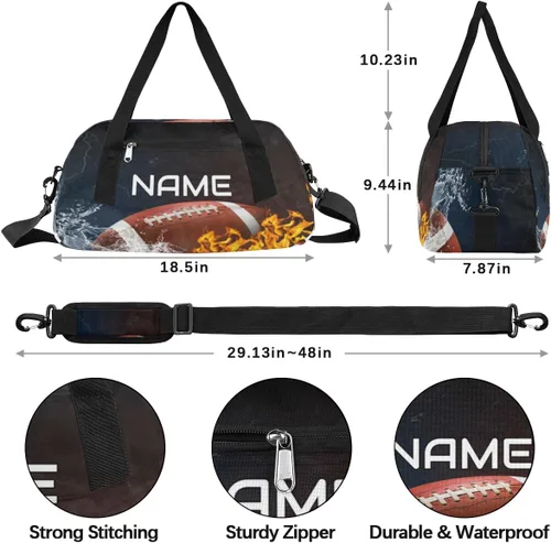 Vista 4 de Bolsa de lona personalizada para niños, fútbol americano de fuego, bolsa de gimnasio personalizada para adolescentes, niños y niñas, impermeable