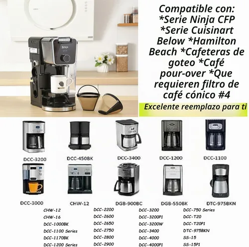 Vista 2 de Filtros de café reutilizables de cono #4 de cesta de repuesto para máquinas de café Cuisinart (2 filtros reutilizables)