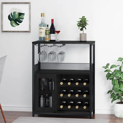 Vista 4 de IDEALHOUSE Armario de bar de vinos de 3 niveles con estante y cajón desmontable para vinos, aparador industrial y gabinete de buffet con soporte