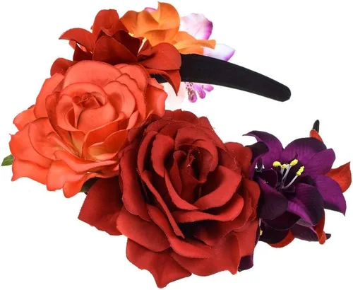 Vista 3 de DreamLily Frida Kahlo NC27 - Diadema con corona de flores mexicanas Dia de Los Muertos Rojo anaranjado