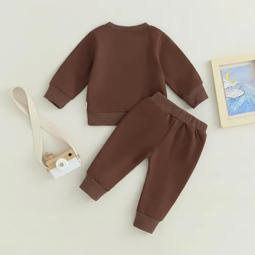 Vista 3 de BeQeuewll Ropa para bebé niño de otoño e invierno, 2 piezas, bloque de color, sudadera y pantalones con cuello redondo