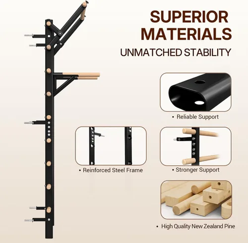 Vista 6 de Escalera sueca barra de madera para parada, entrenador de suspensión con barra de dominadas y accesorios de barra de inmersión, barra de madera