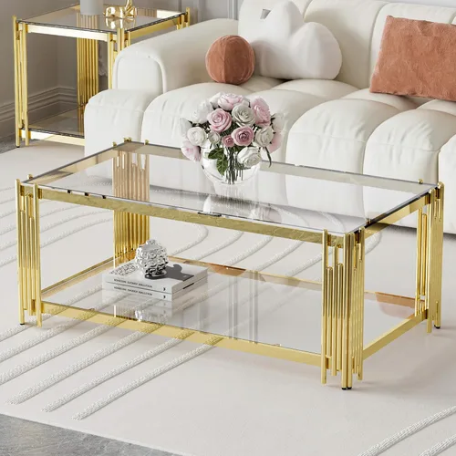 Vista 16 de Mesa de centro de cristal negro de 43 pulgadas, mesa moderna para sala de estar, acero inoxidable dorado, patas de metal, rectangular, de vidrio