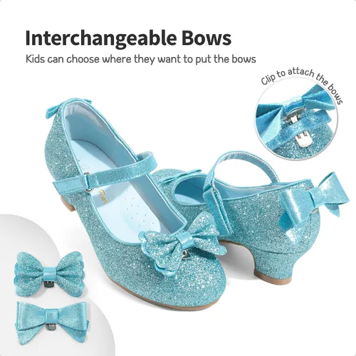 Vista 2 de DREAM PAIRS Zapatos de vestir de tacón bajo para niñas, con lazo intercambiable, purpurina, boda, fiesta, Mary Jane, zapatos para niños pequeños